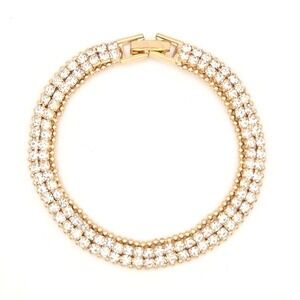 Gold‎ Tone Tennis Bracelet Clear Prong Set Crystal Double Row Fold Over Clasp